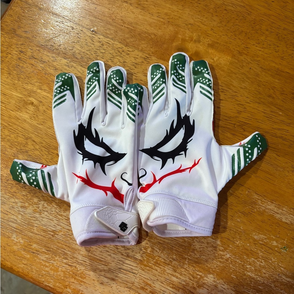 White and Green Joker Face Football Gloves NEW